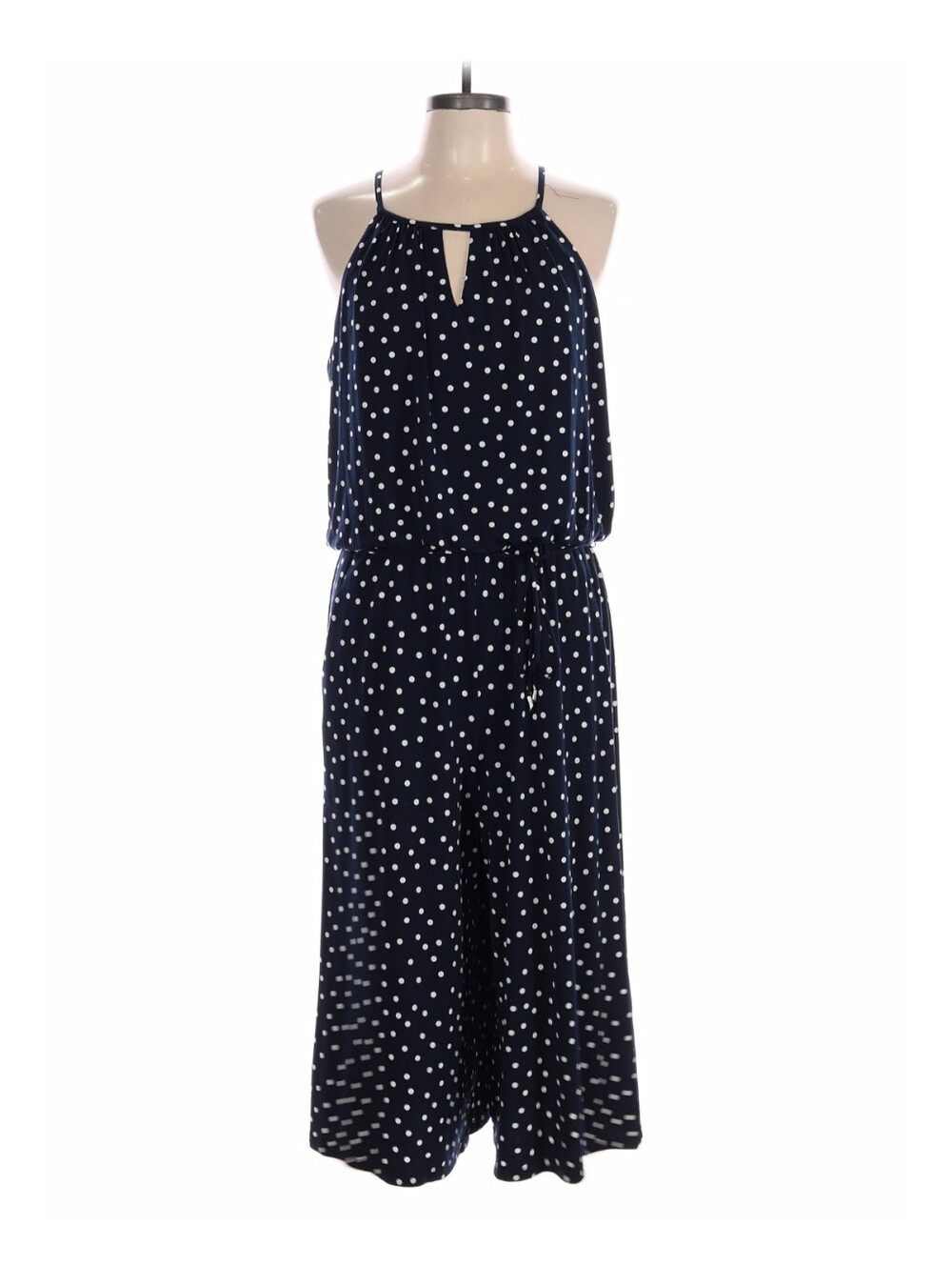 London Times Navy and White Polka Dot Spaghetti Strap Jumpsuit